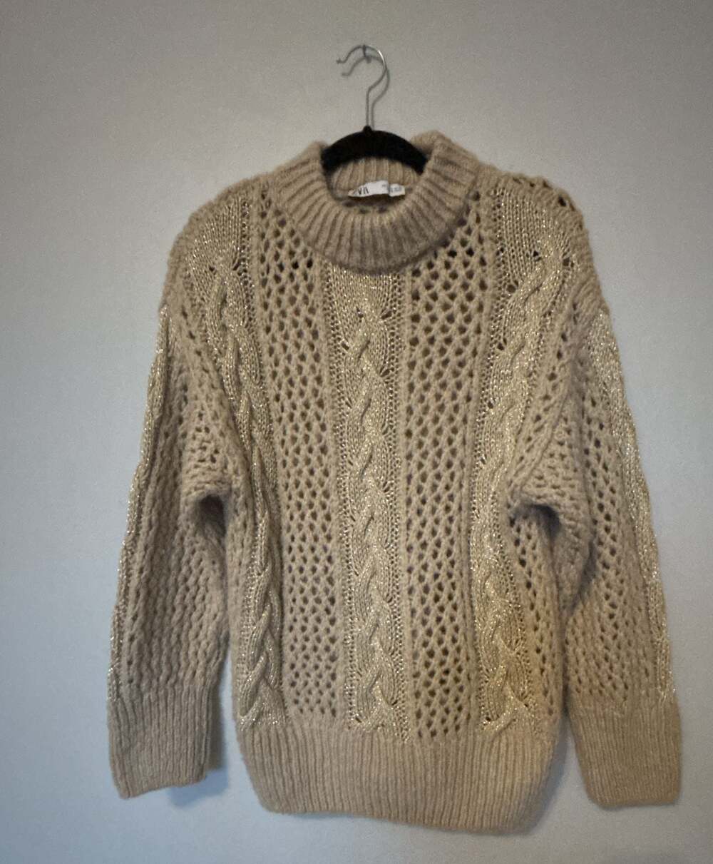 Zara Metallic Thread Cable Knit Mock Neck Sweater Size S